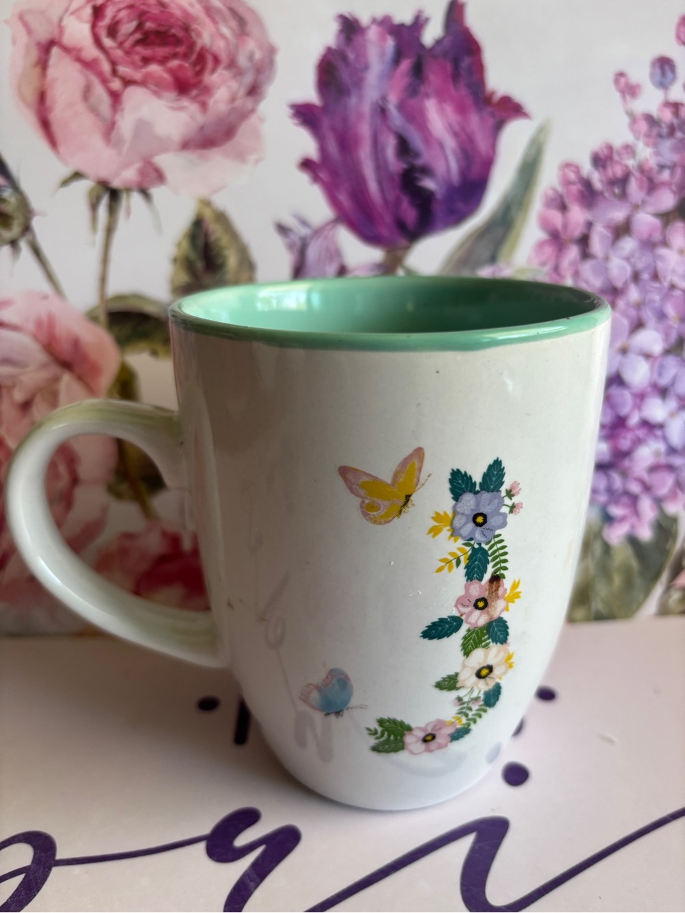 Mug/Letter J White Ceramic Floral Butterfly Mug with Mint Interior - Picture 5 of 6